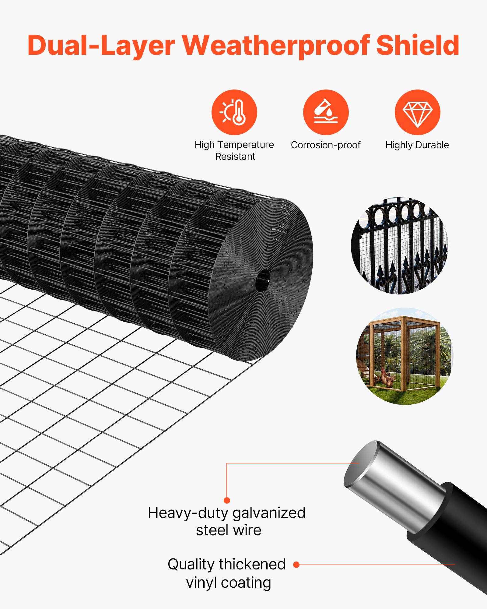 Dual-Layer Weatherproof Shield

- High Temperature Resistant
- Corrosion-proof
- Highly Durable

Heavy-duty galvanized steel wire
Quality thickened vinyl coating