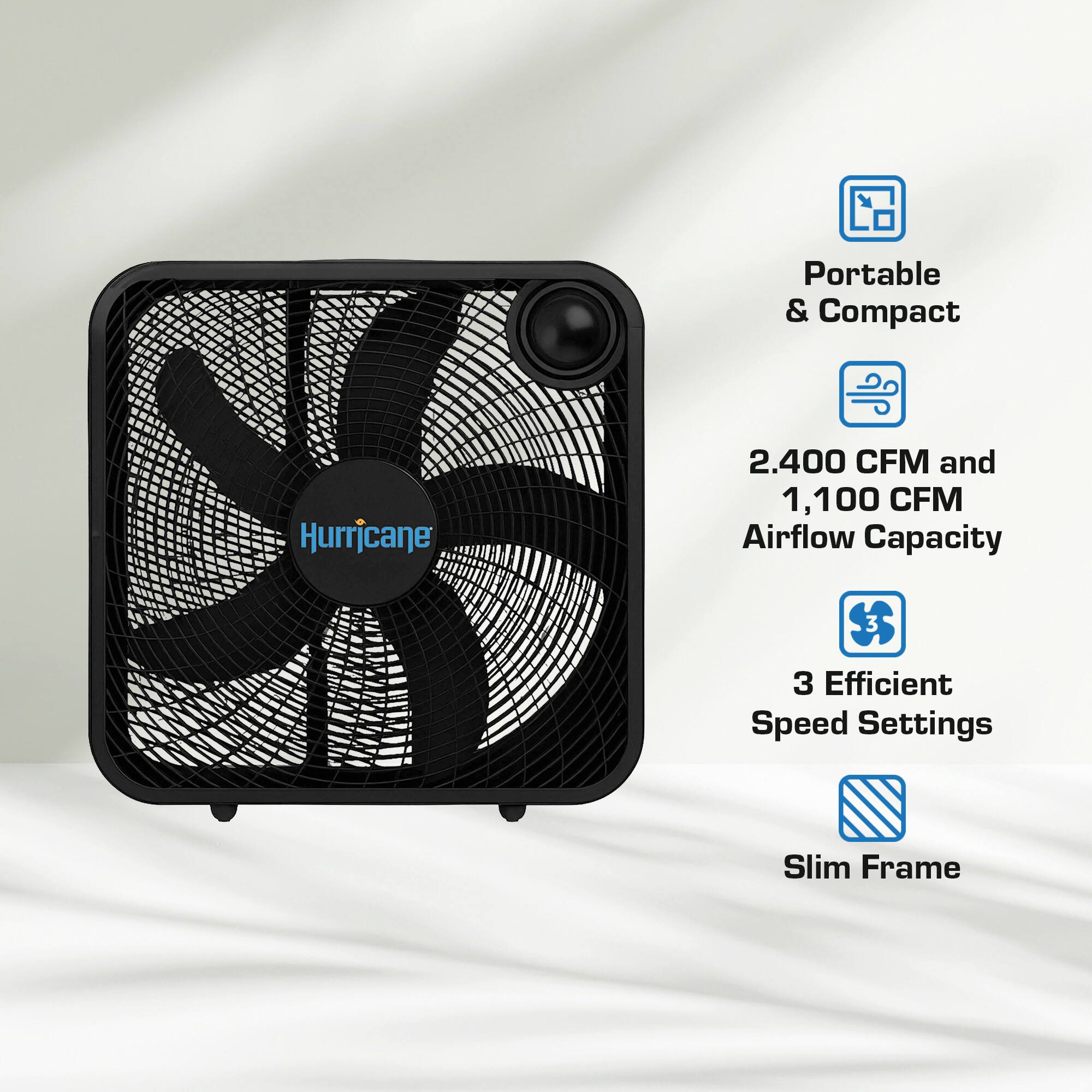 - Portable & Compact
- 2,400 CFM and 1,100 CFM Airflow Capacity
- 3 Efficient Speed Settings
- Slim Frame