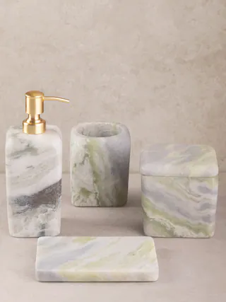 Front. GAURI KOHLI - Hanoi Bath Accessories - Shades of green.
