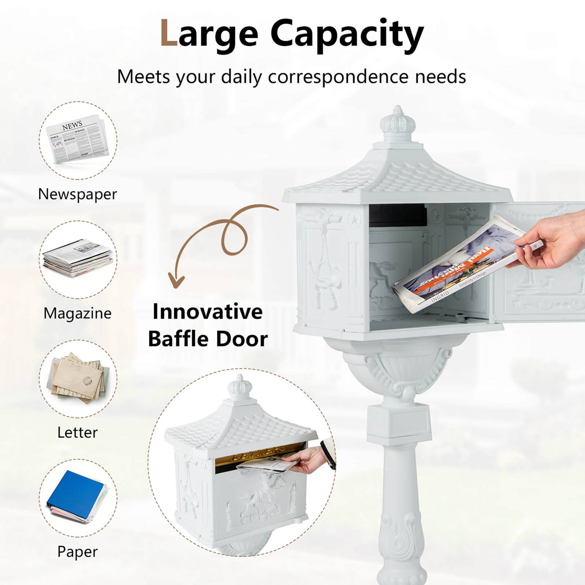 Large Capacity  
Meets your daily correspondence needs  

- Newspaper  
- Magazine  
- Letter  
- Paper  

Innovative Baffle Door