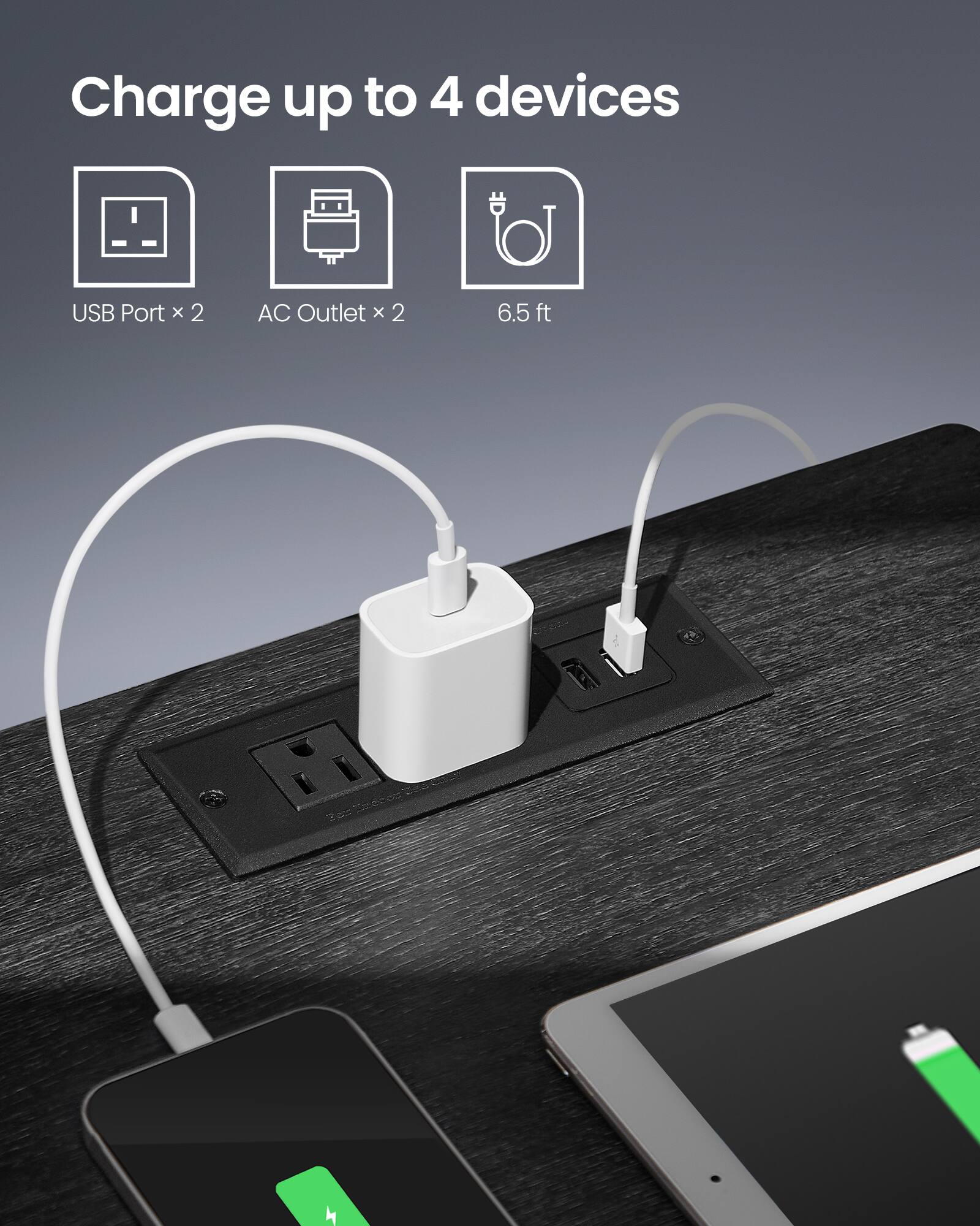 Charge up to 4 devices  
USB Port x 2  
AC Outlet x 2  
6.5 ft