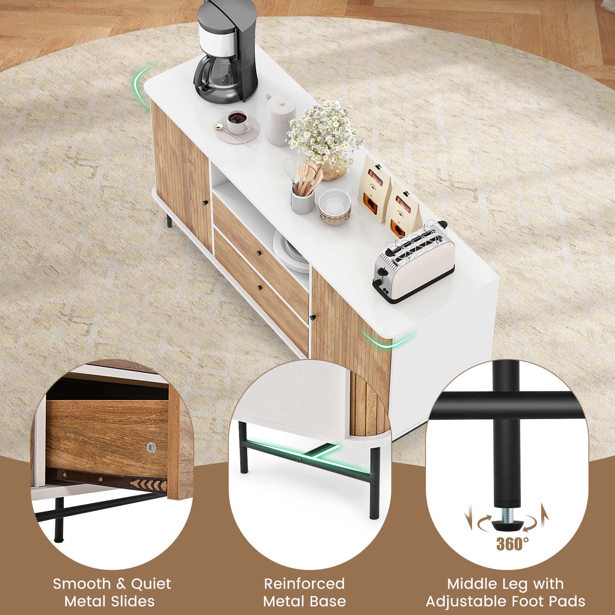 The image features a kitchen counter with a coffee maker, a toaster, and a vase of flowers. The counter is made of wood and has a reinforced metal base with adjustable foot pads. The smooth and quiet metal slides provide stability and durability to the counter. The middle leg of the counter offers additional support and can be adjusted to suit the user's preferences. The combination of these features makes the counter a functional and stylish addition to any kitchen.