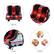 The text on the image is grouped as follows:
1. Vibration: A red massage chair with a vibrating function.
2. Heating: A red massage chair with a heating function.
3. Rolling: A red massage chair with a rolling function.
4. Kneading: A red massage chair with a kneading function.