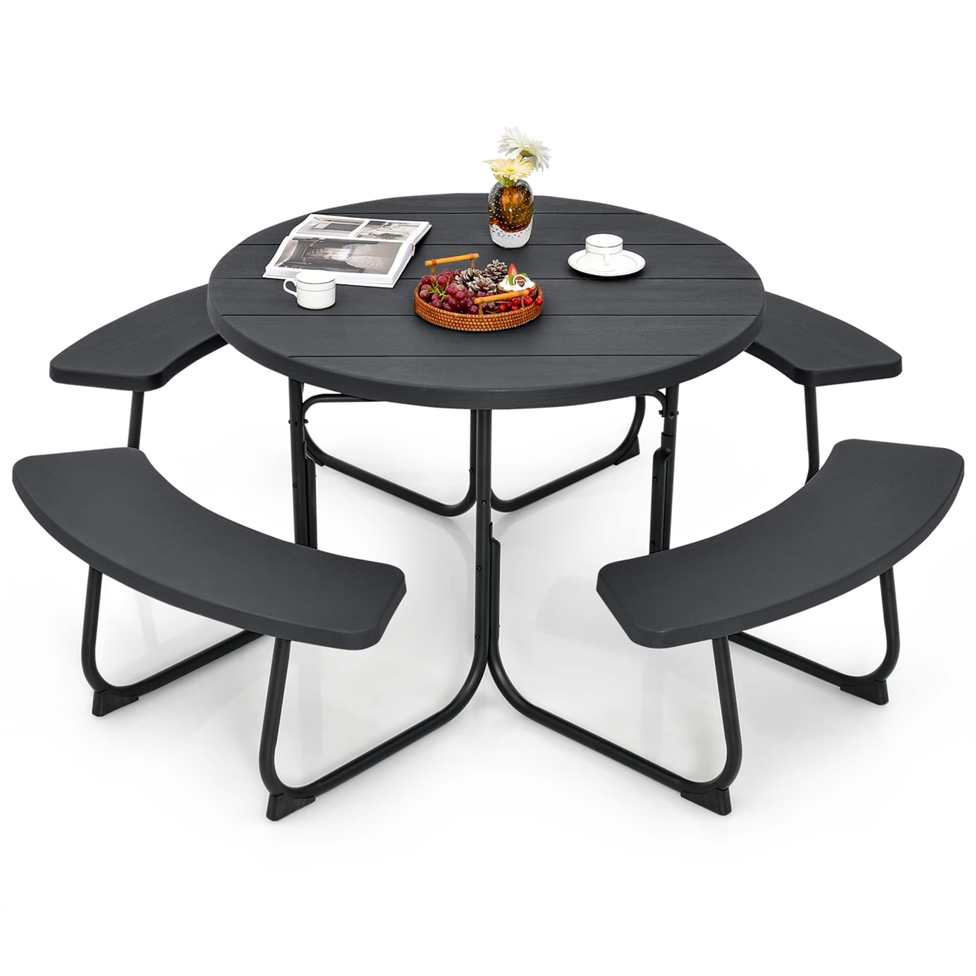 Costway - Outdoor 8-person Round Picnic Table Bench Set with 4 Benches & Umbrella Hole - Black