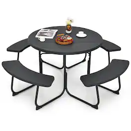 Costway - Outdoor 8-person Round Picnic Table Bench Set with 4 Benches & Umbrella Hole - Black