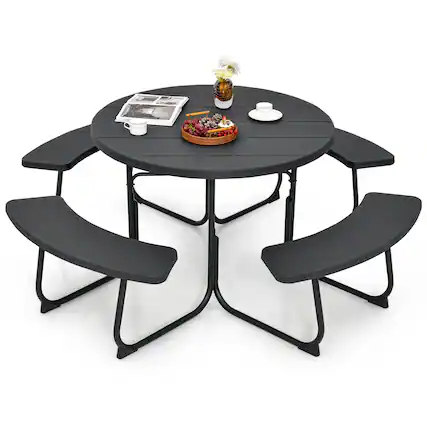 Front. Costway - Costway Outdoor 8-person Round Picnic Table Bench Set with 4 Benches & Umbrella Hole - Black.