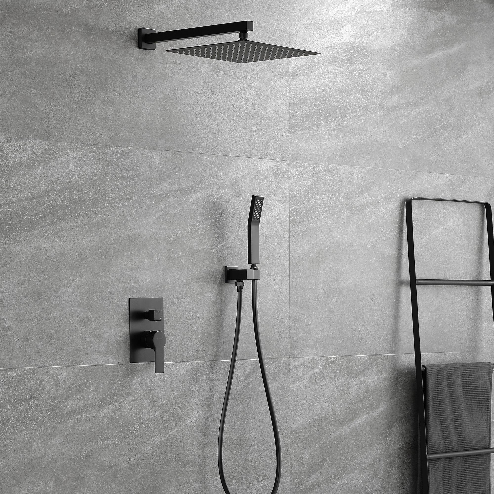Left. Boyel Living - 1-Spray Patterns with 2.5 GPM 12 in. Wall Mount Dual Shower Heads with Pressure Balance Valve in Matte Black - Matte Black.