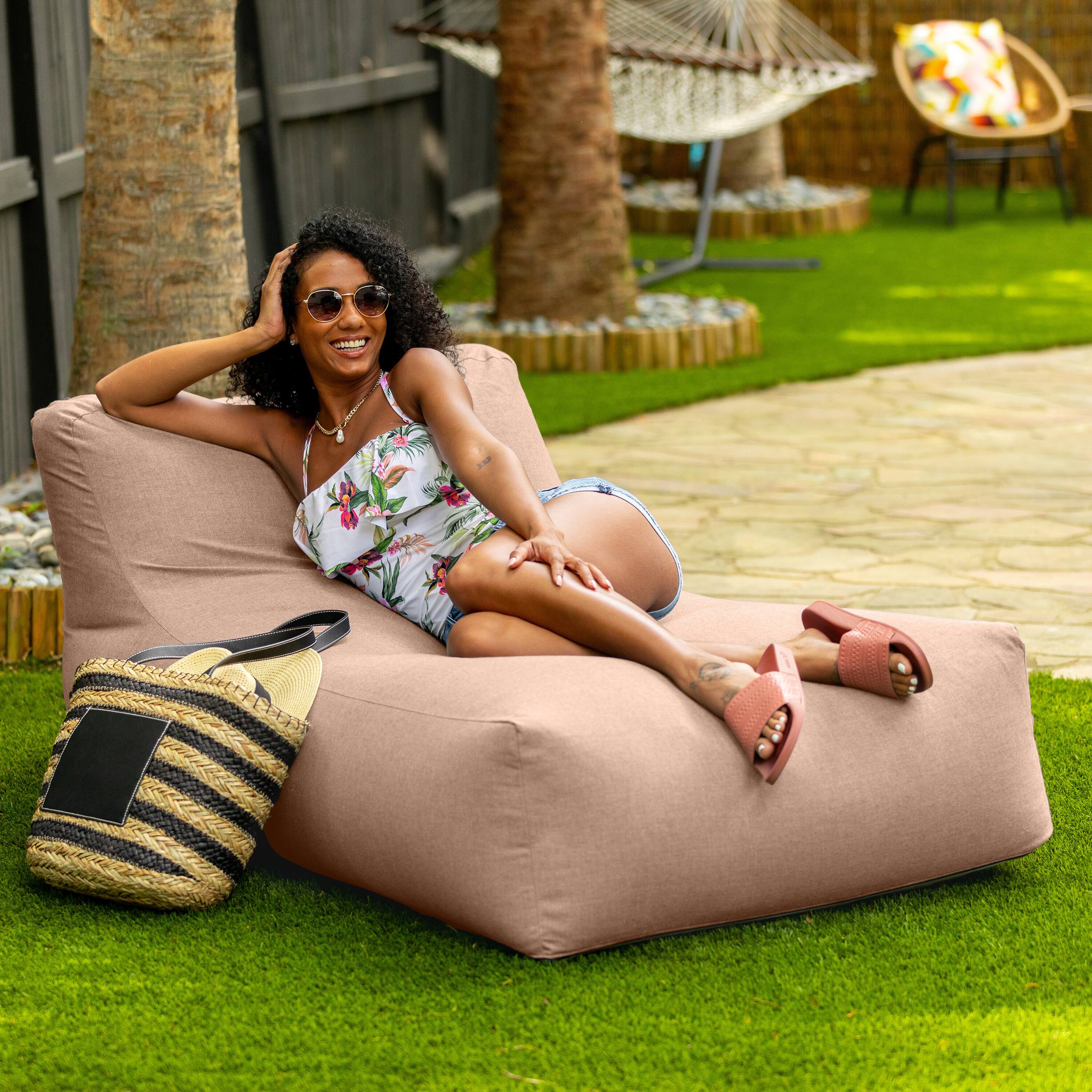 Left. Jaxx - Coza Outdoor Sun Lounger - Luxurious Giant Outdoor Chaise - Sunbrella, Petal - Petal.
