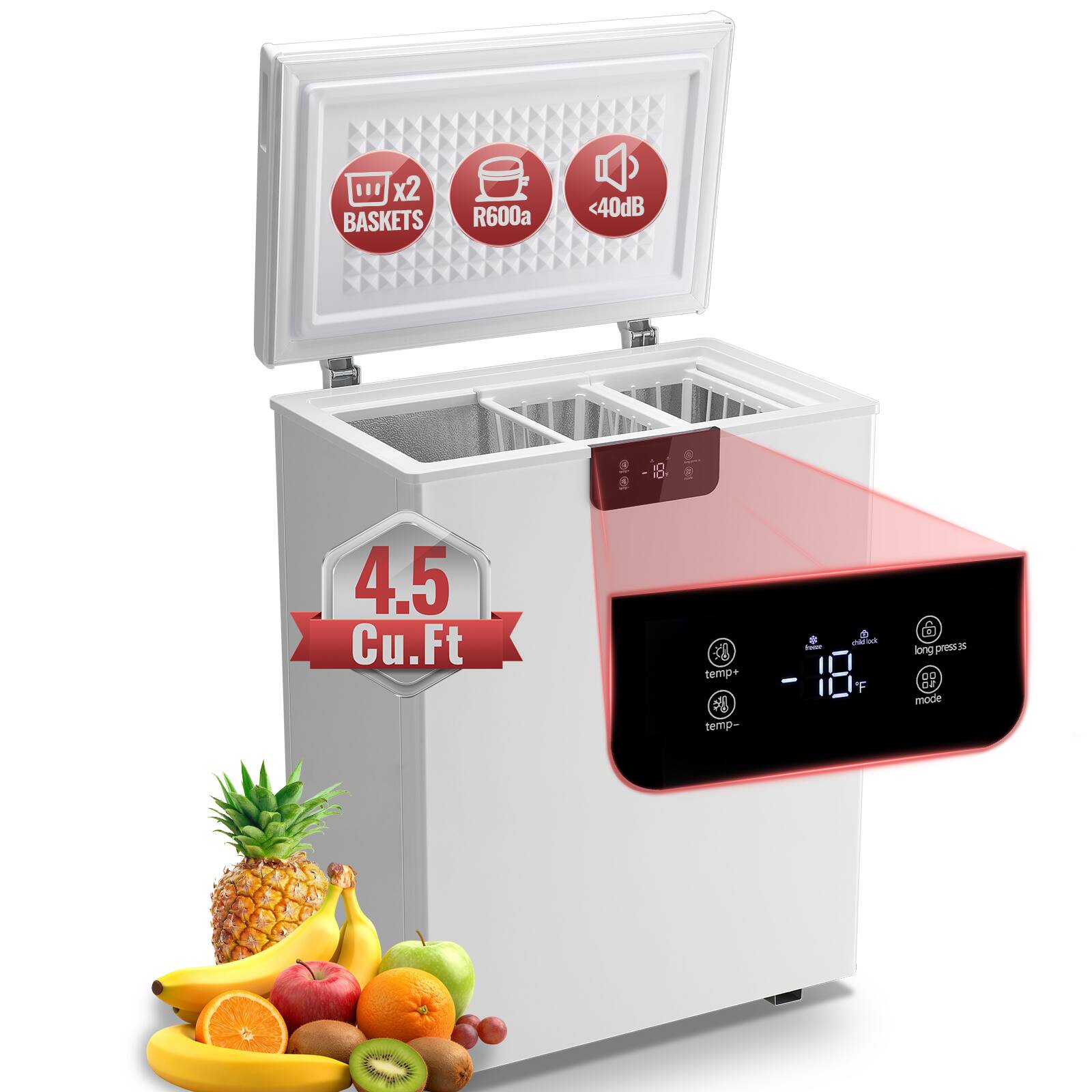 - x2 BASKETS
- R600a
- <40dB
- ID 18
- 4.5 Cu.Ft
- temp+
- temp-
- $ ma
- F long press 3s
- D0 mode