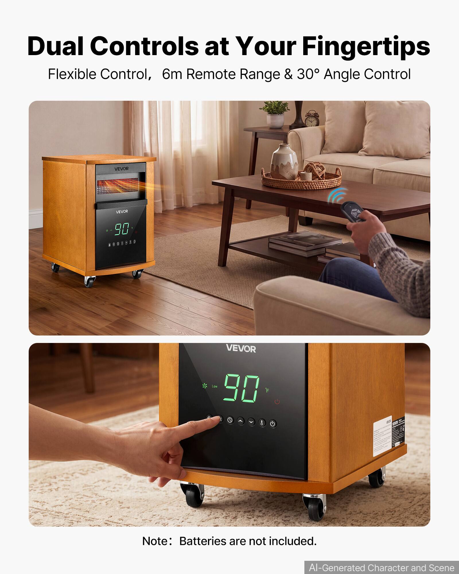 Dual Controls at Your Fingertips  
Flexible Control, 6m Remote Range & 30° Angle Control  

VEVOR  
VEVOR 90  
VEVOR 90 F U e 3 8 C  
15  

Note: Batteries are not included.  
AI-Generated Character and Scene