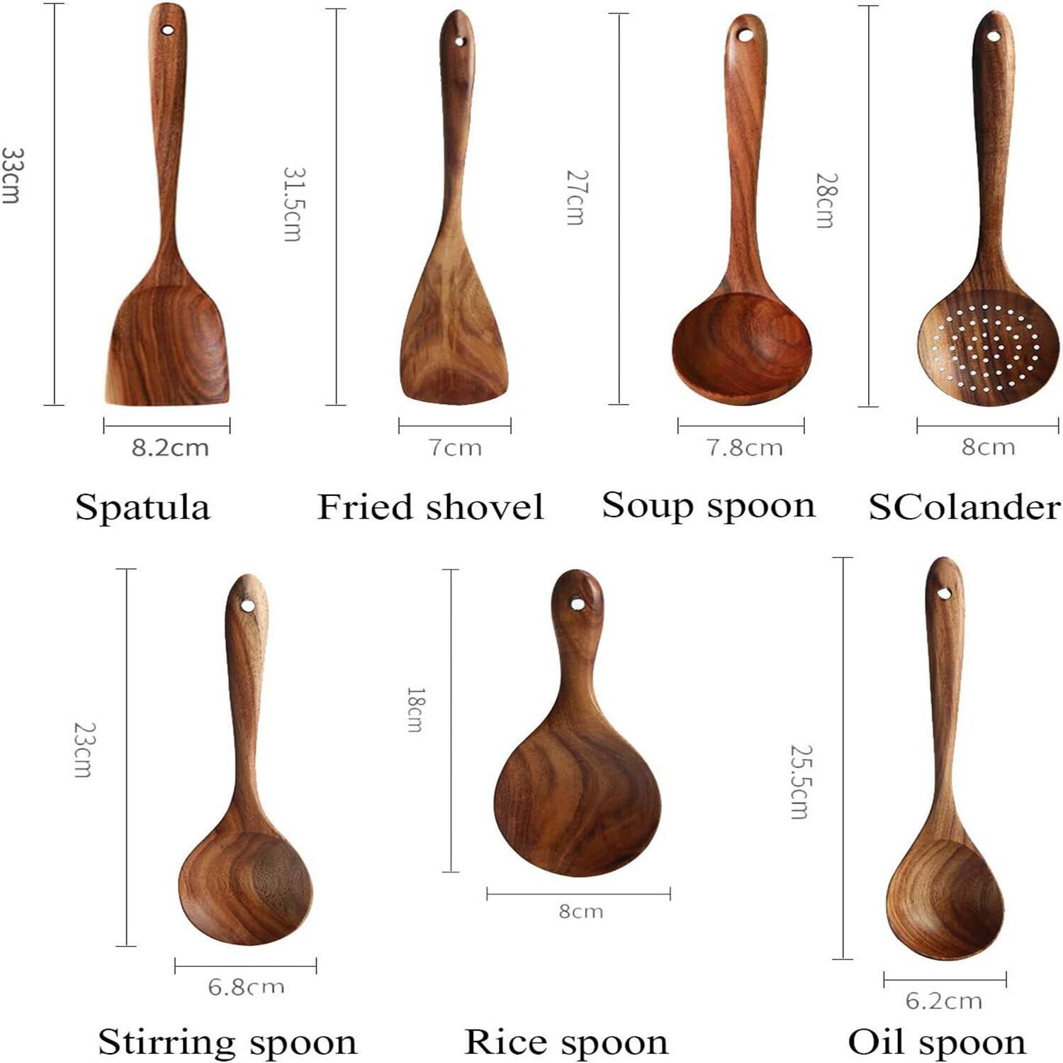 - Spatula: 33cm x 8.2cm
- Fried shovel: 31.5cm x 7cm
- Soup spoon: 27cm x 7.8cm
- SColander: 28cm x 8cm
- Stirring spoon: 23cm x 6.8cm
- Rice spoon: 18cm x 8cm
- Oil spoon: 25.5cm x 6.2cm