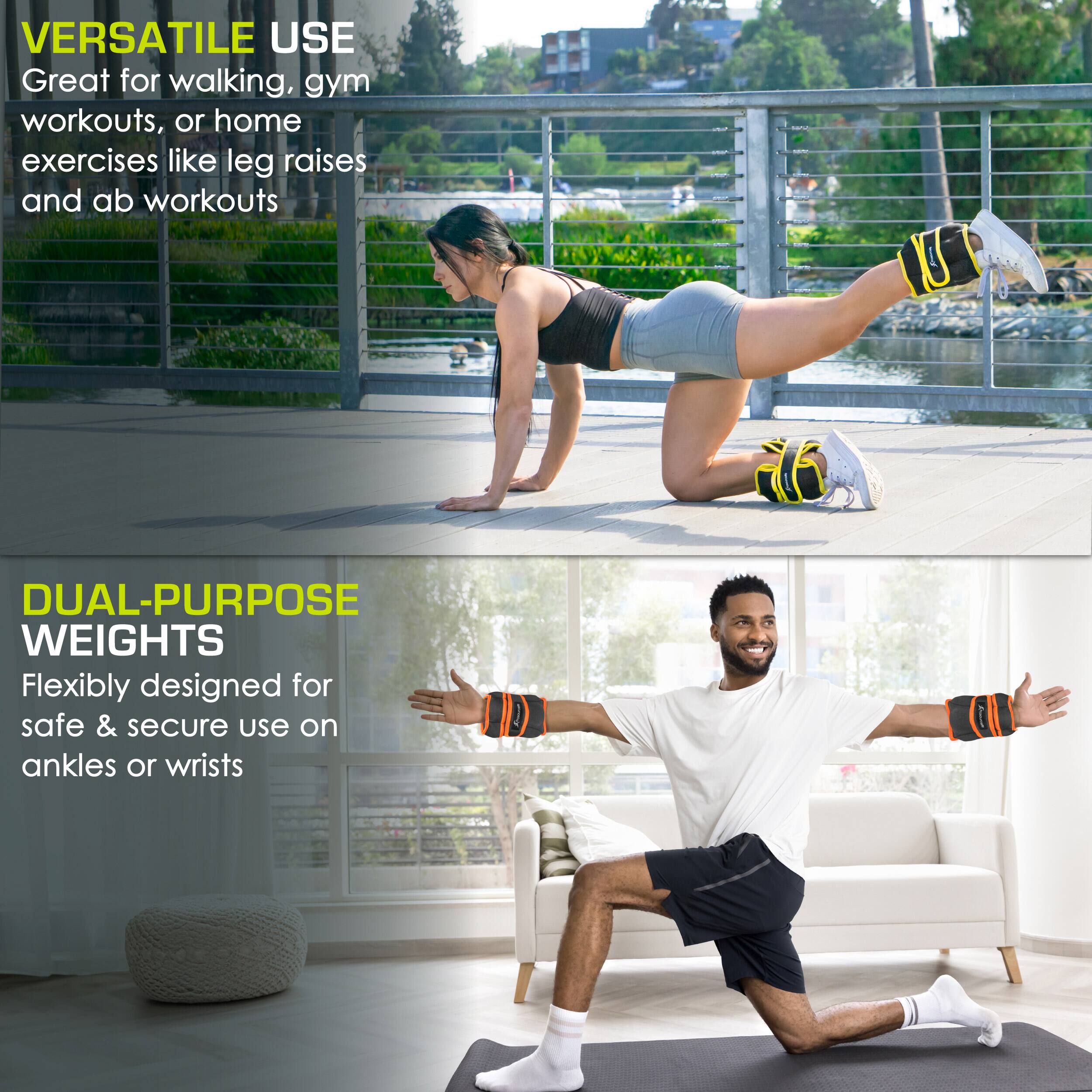 VERSATILE USE: Great for walking, gym workouts, or home exercises like leg raises and ab workouts.

DUAL-PURPOSE WEIGHTS: Flexibly designed for safe & secure use on ankles or wrists.