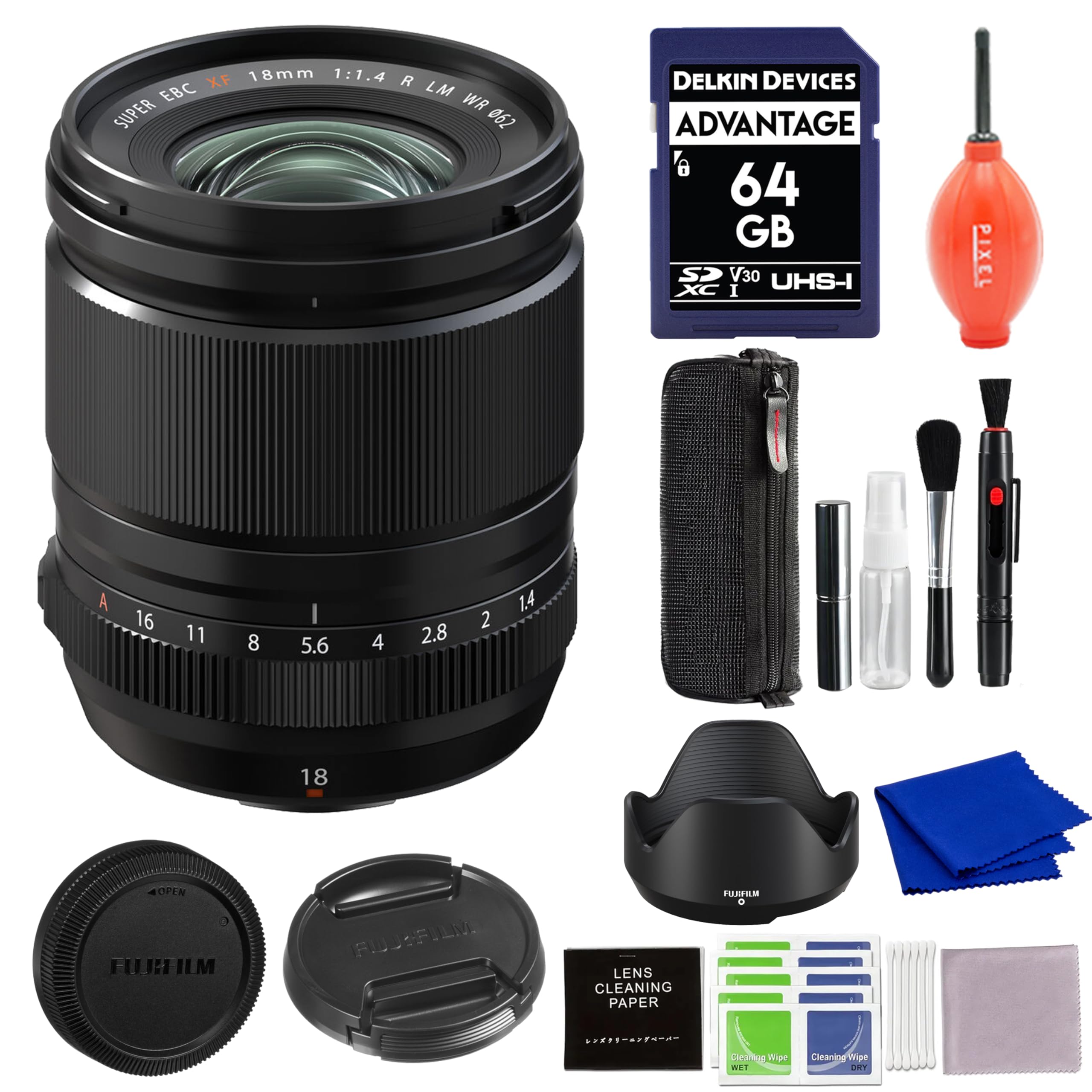Fujifilm - XF 18mm f/1.4 R LM WR Lens with 64GB SD Card and Advanced Accessories