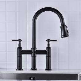 Ropilly - Bridge Kitchen Faucet with Pull Down Spray Head, Finish, Dual Handle Brass Kitchen Faucet - Matte Black