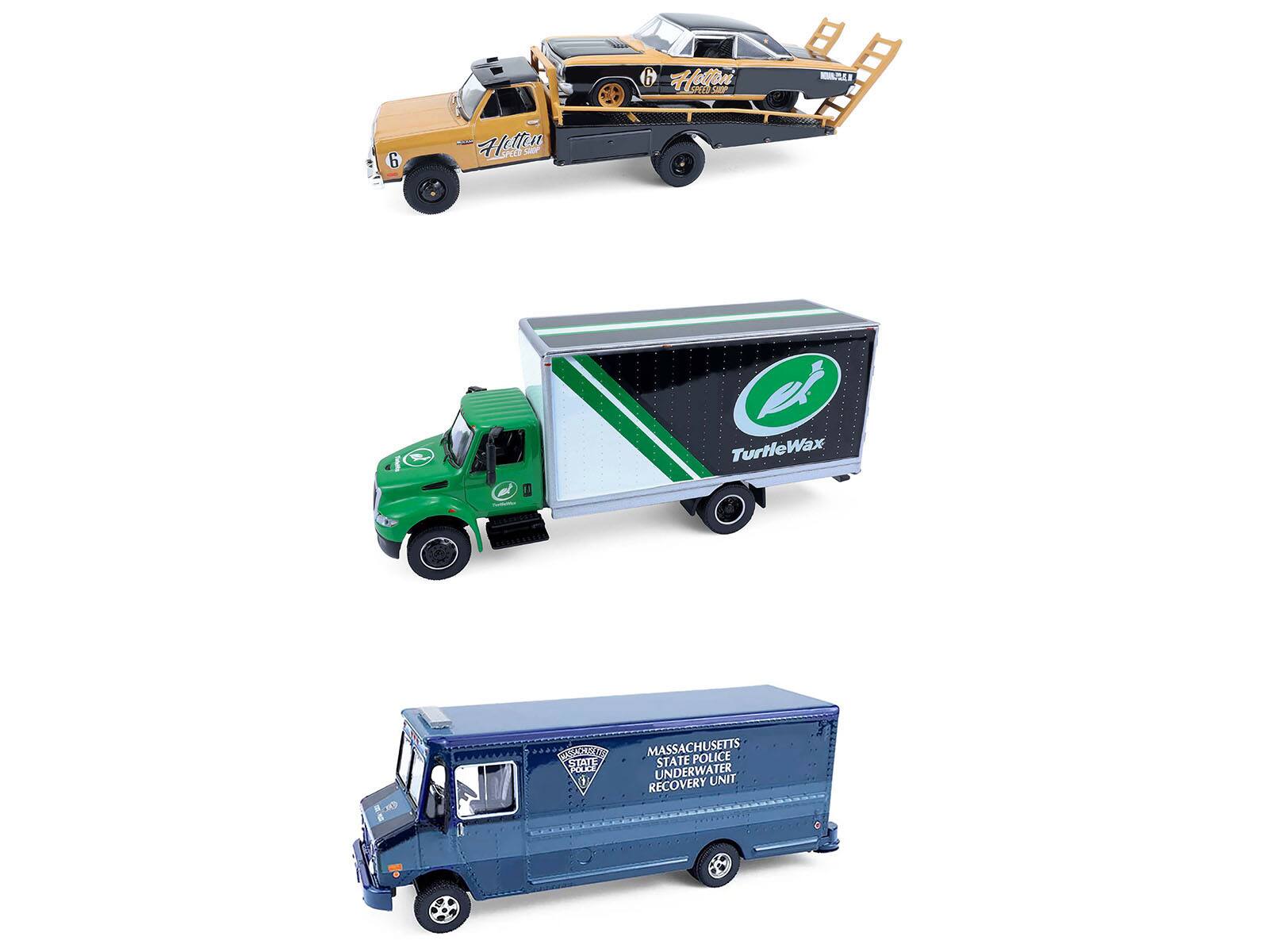 Sure, here is the corrected and grouped text from the image:

1. **Top Truck:**
   - Hettin
   - SPEED SHOP
   - 6

2. **Middle Truck:**
   - TurtleWax

3. **Bottom Truck:**
   - MASSACHUSETTS
   - STATE POLICE
   - UNDERWATER
   - RECOVERY UNIT