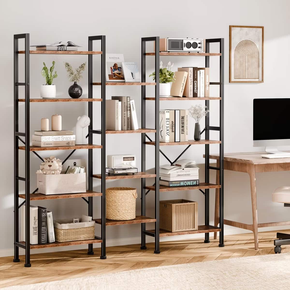 Furnulem - 5 Tier Bookshelf Wooden-Metal Industrial Style Wide Shelf - Rustic Brown