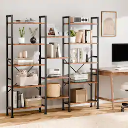 Furnulem - 5 Tier Bookshelf Wooden-Metal Industrial Style Wide Shelf - Rustic Brown