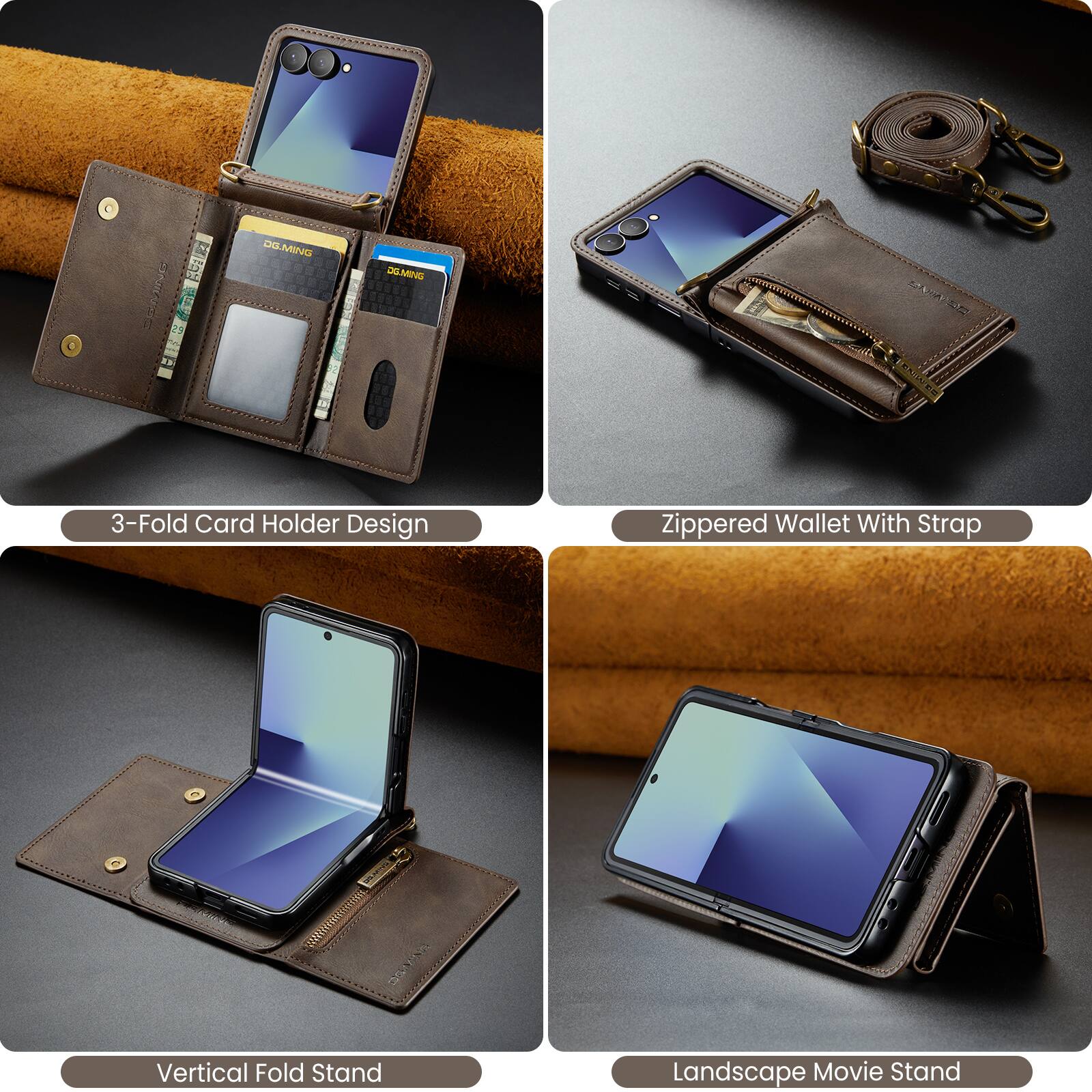 4 e P iE L 29 . DELMING DS.MINO  
MA 3-Fold Card Holder Design Zippered Wallet With Strap - T DA Vertical Fold Stand Landscape Movie Stand