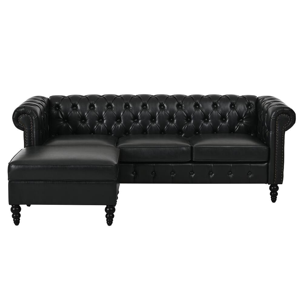 Back. Loheer - Loheer 85 Inch L-Shaped Sectional Sofa 4-Seater PU Leather Couch with Storage Ottoman - Black.