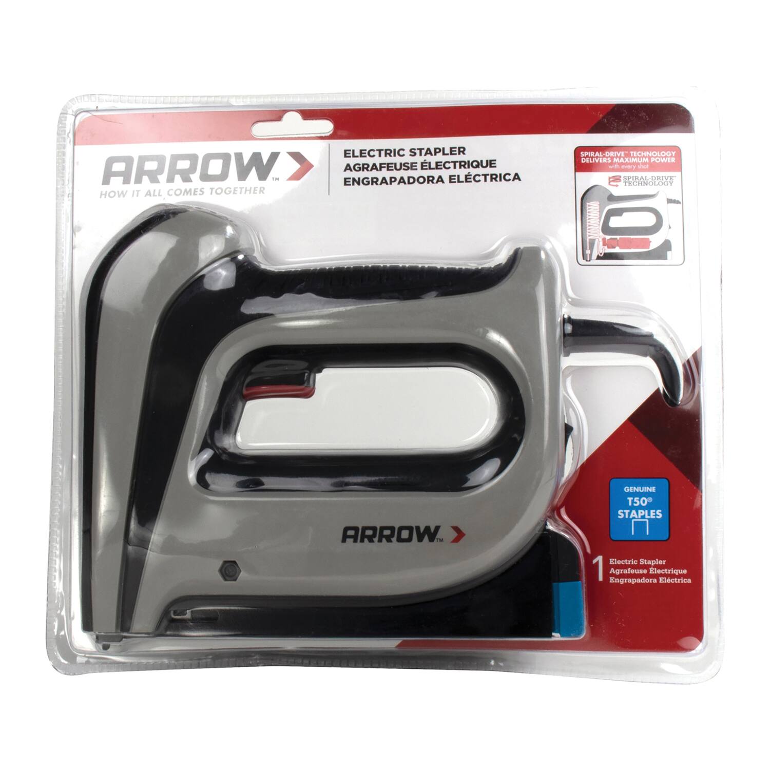 ELECTRIC STAPLER  
ARROW AGRAFEUSE LECTRIQUE  
ENGRAFADORA ELÉCTRICA  

HOW IT ALL COMES TOGETHER  
SPIRAL-DRIVE TCR DELIVERS MAXIMUM POWER with SPIRALDRIVE TECHNOLOGY  

ARROW - GENUINE T50 STAPLES  

Electric Stapler  
Agrafeuse Électrique  
Engrapadora Eléctrica  

SPIRAL-DRIVE TECHNOLOGY  
DELIVERS MAXIMUM POWER  

GENUINE T50 STAPLES