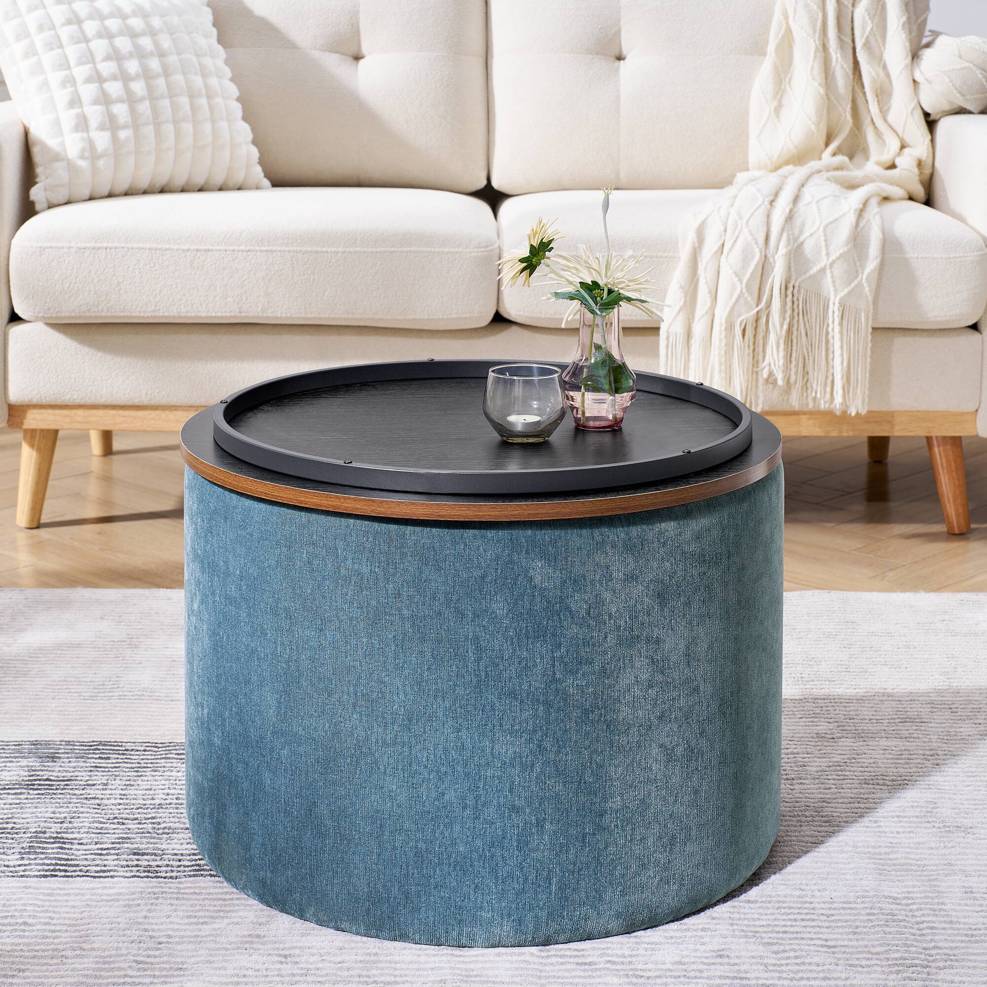 Alt View 1. GOODSILO - 2-Piece Round Storage Ottoman Set with Hidden Storage and Detachable Stool, Classic Design for Living Room and Bedroom - Dark Blue.