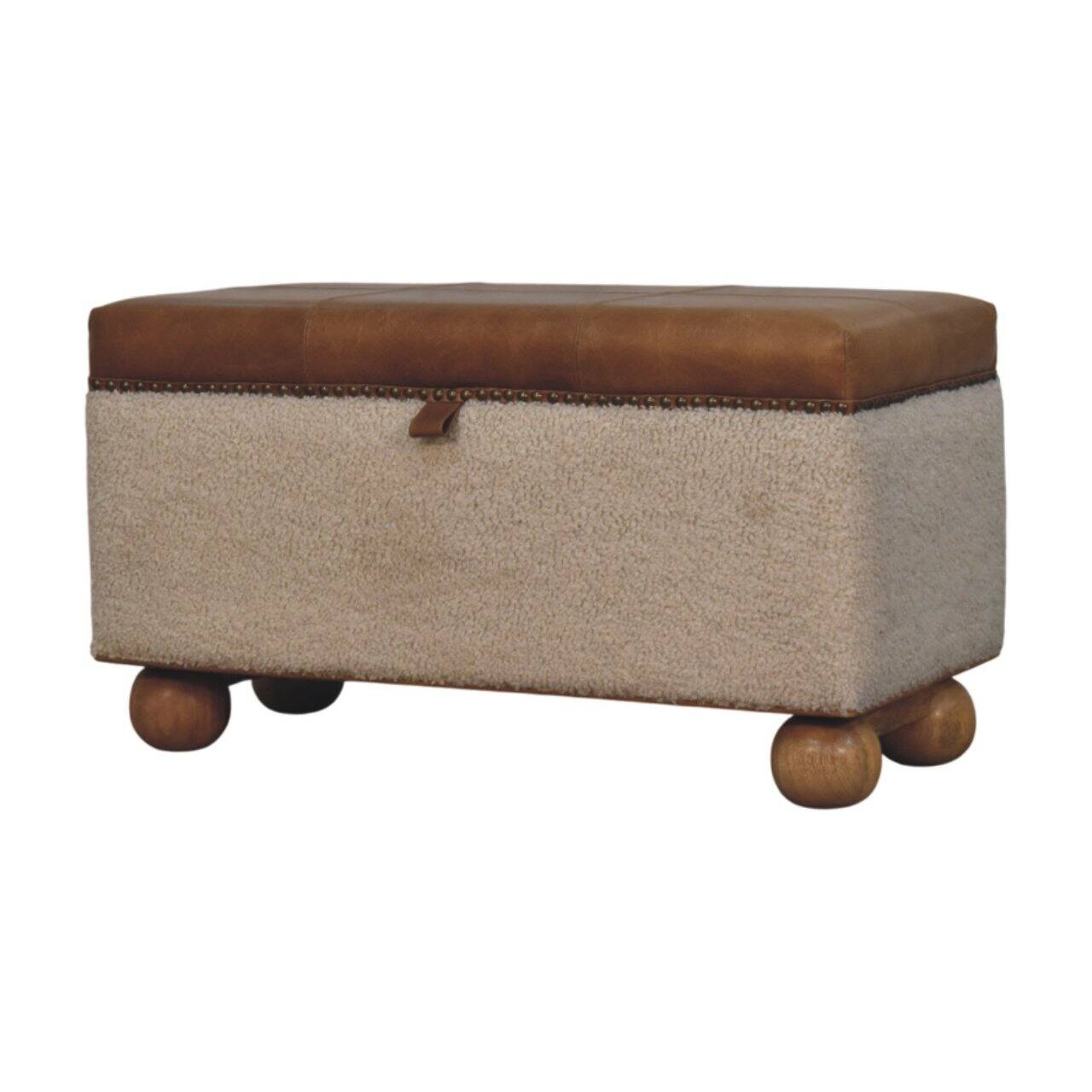 Left. Artisan Furniture - Artisan Furniture Solid Wood Boucle Lid- up Storage Ottoman, Upholstered, Boucle Fabric, Leather, Cream & Brown - Brown & Cream.