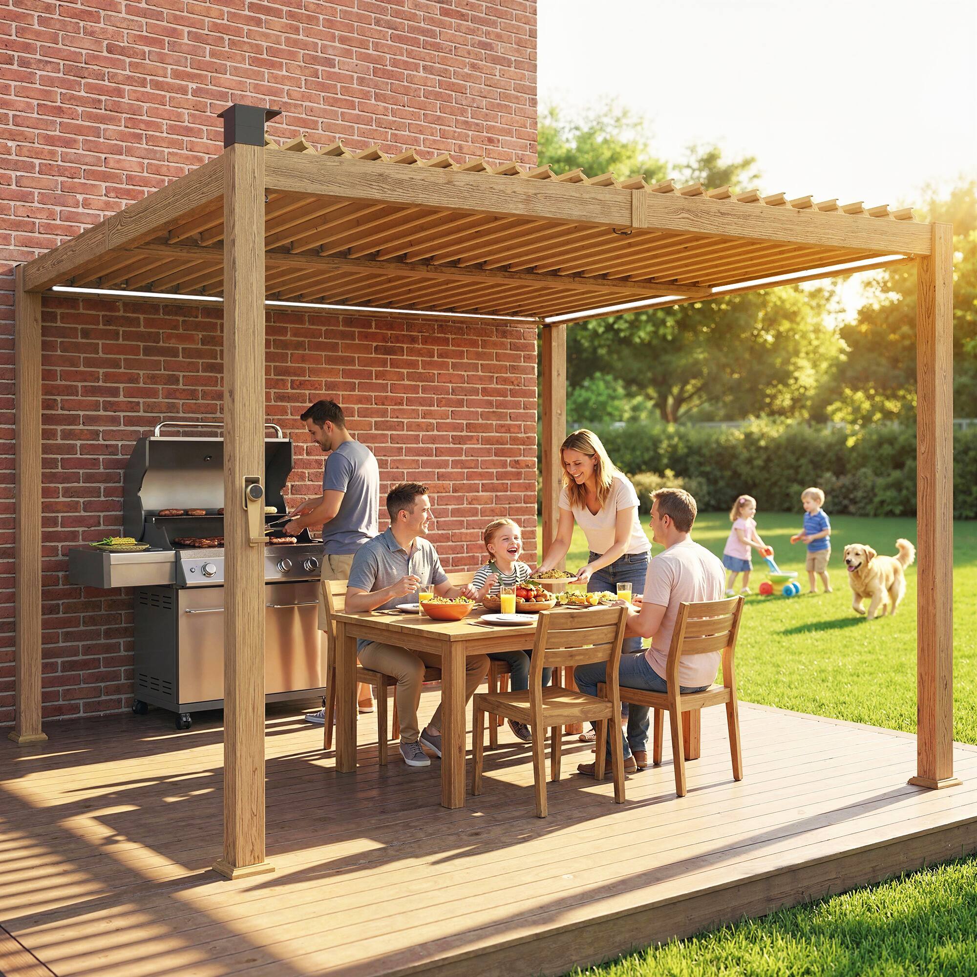 Alt View 8. Outsunny - x 10' Louvered Pergola with Solar LED lights, Metal Roof - Nature Wood.