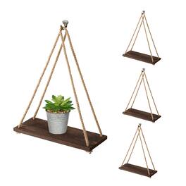 Oumilen - 4 Pack Rustic Wood Hanging Wall Shelf with Natural Hemp Rope, Single Tier Swing Floating Plant Display Rack - Brown