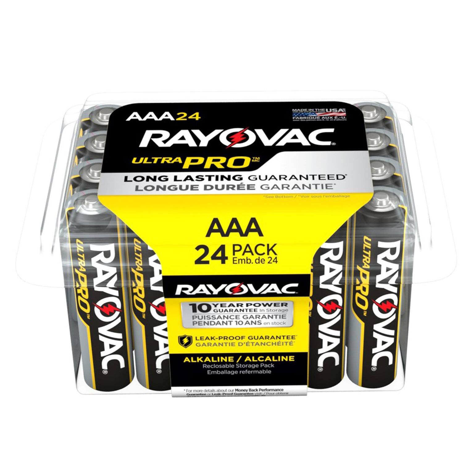 Sure, here is the corrected and grouped text from the image:

---

**AAA 24**  
**RAYOVAC**  
**ULTRA PRO**  
**LONG LASTING GUARANTEED**  
**LONGUE DURÉE GARANTIE**  

**AAA**  
**24 PACK**  
**Emballage de 24**  

**10 YEAR GUARANTEE**  
**PENDANT 10 ANS**  
**LEAK-PROOF GUARANTEE**  
**GARANTIE D'ÉTANCHITÉ**  
**ALKALINE / ALKALINE**  
**Emballage refermable**  

**MADE IN THE USA**  
**FABRIQUÉ AUX É.-U.**  

**RAYOVAC**  
**ULTRA PRO**  
**10 YEAR GUARANTEE**  
**PENDANT 10 ANS**  
**LEAK-PROOF GUARANTEE**  
**GARANTIE D'ÉTANCHITÉ**  
**ALKALINE / ALKALINE**  
**Emballage refermable**  

**RAYOVAC**  
**ULTRA PRO**  
**10 YEAR