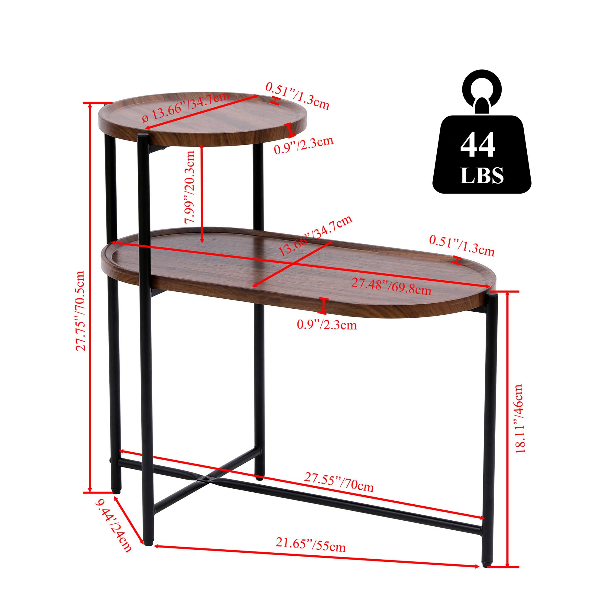 - Top Diameter: 13.66" / 34.7 cm
- Top Thickness: 0.51" / 1.3 cm
- Shelf Diameter: 27.48" / 69.8 cm
- Shelf Thickness: 0.97" / 2.3 cm
- Shelf Height: 7.99" / 20.3 cm
- Overall Height: 21.65" / 55 cm
- Overall Width: 27.55" / 70 cm
- Overall Depth: 27.55" / 70 cm
- Leg Height: 9.44" / 24 cm
- Leg Width: 18.11" / 46 cm
- Weight Capacity: 44 LBS