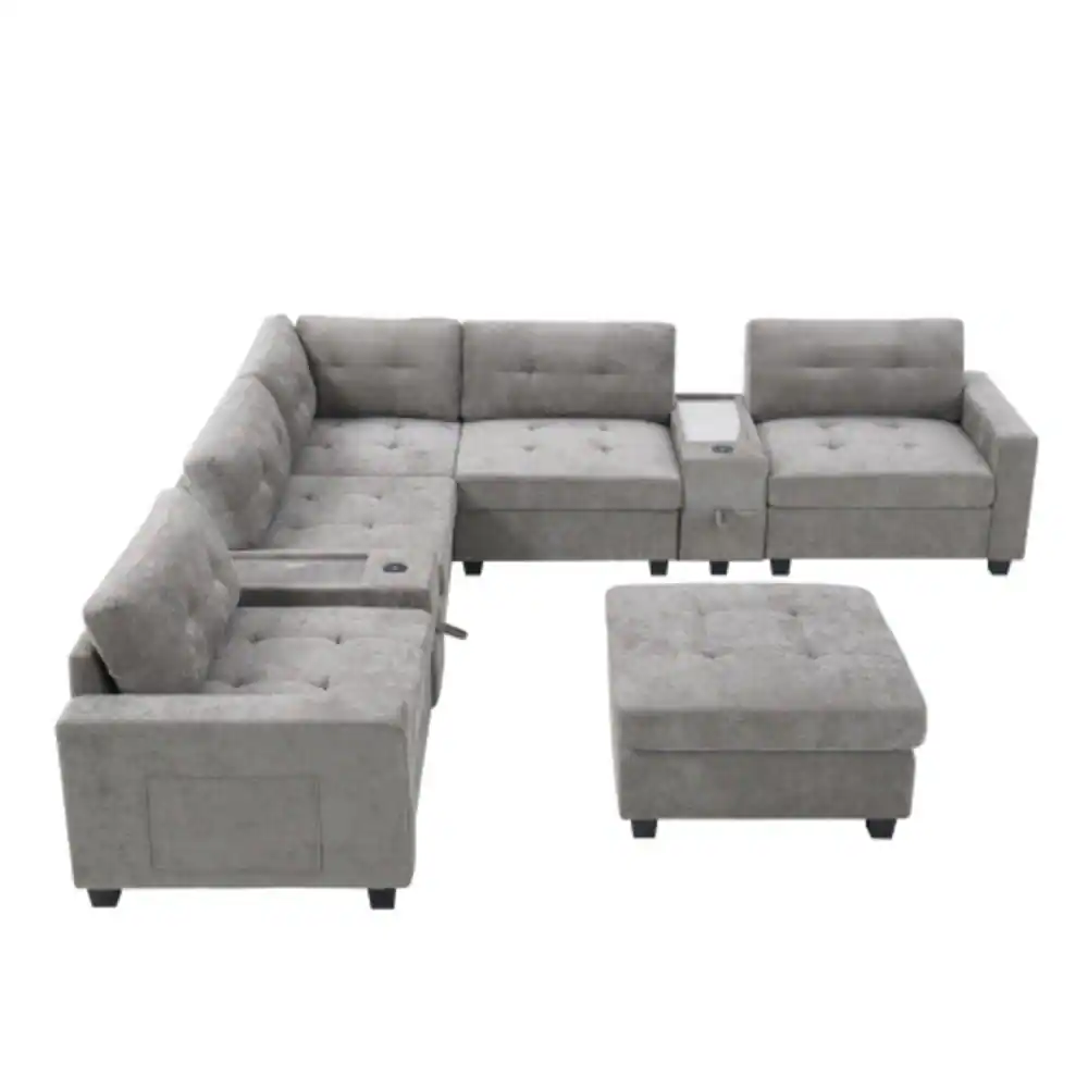 Alt View 7. LUCKY ONE - 104" L-Shape U-Shape Modular Chenille Sectional Sofa w/ 2 Consoles USB Charger Ottoman - Gray.