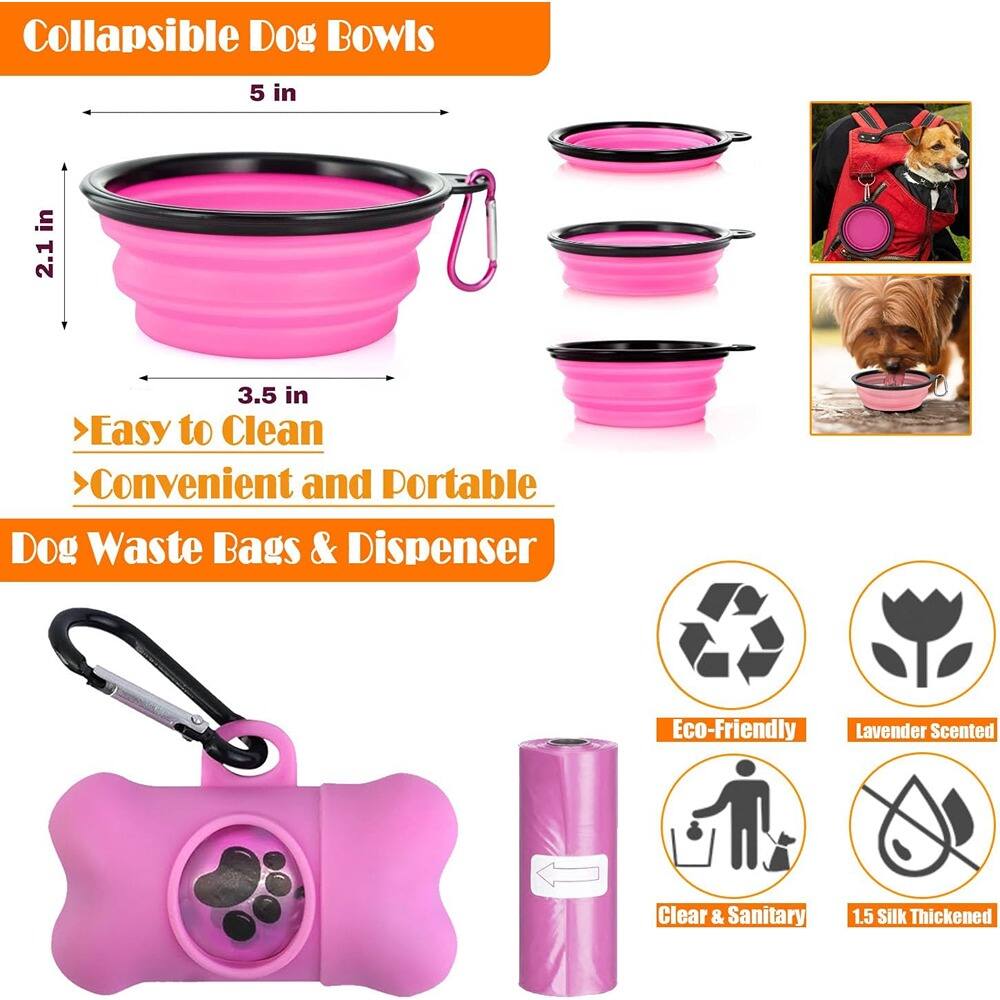 Collapsible Dog Bowls  
5 in  
2.1 in  
3.5 in  
Easy to Clean  
Convenient and Portable  

Dog Waste Bags & Dispenser  
Eco-Friendly  
Lavender Scented  
Clear & Sanitary  
1.5 Silk Thickened