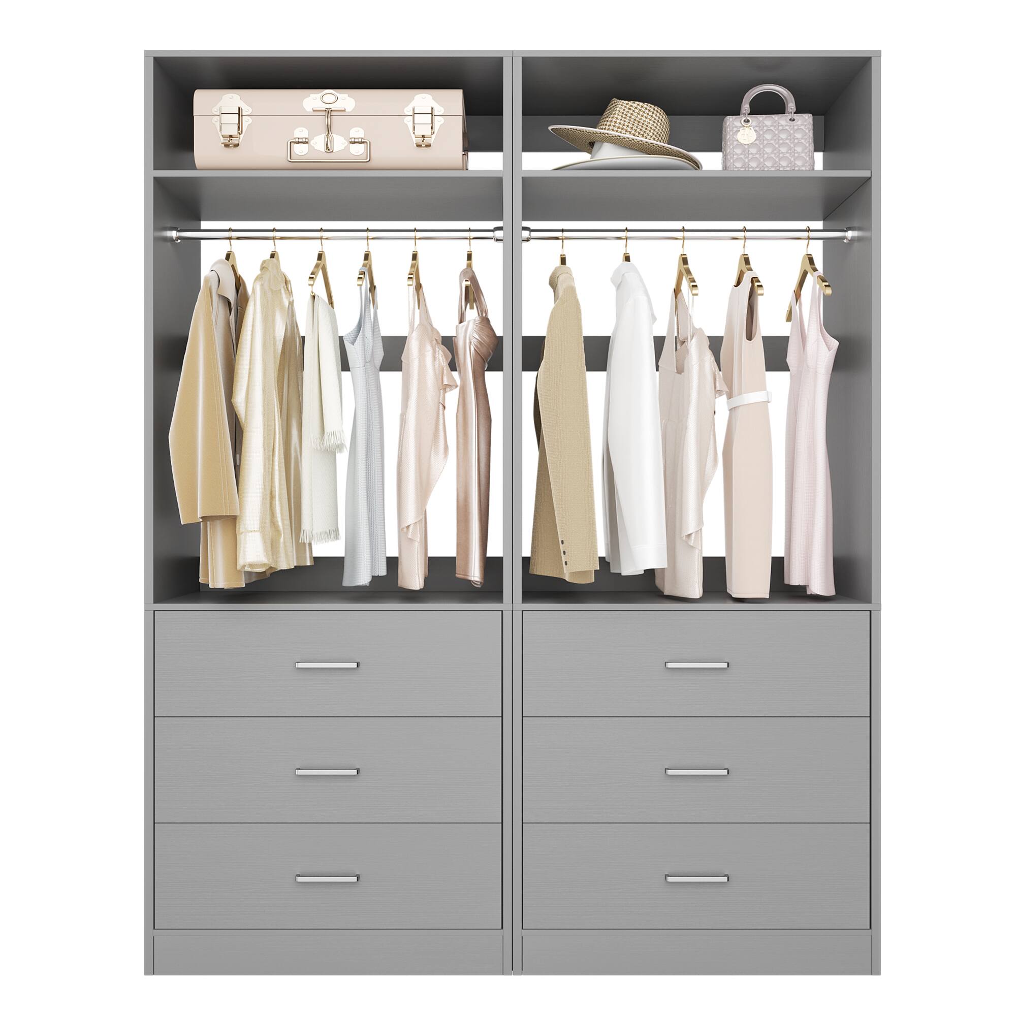 Left. Aheaplus - 48" Set of 2 Closet Systems w/6 Wood Drawers, 2 Hanging Rods & 2 Shelves - Heavy Duty Walk-in Organizer - Gray.