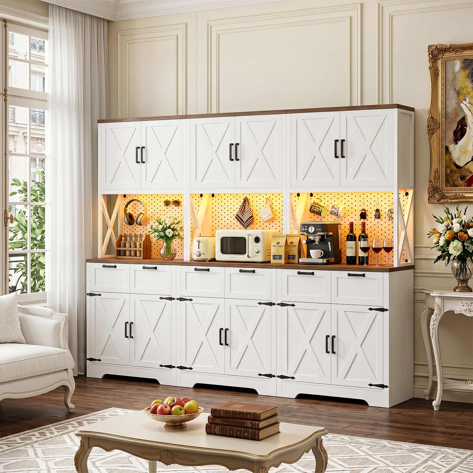 Alt View 3. Aheaplus - 71" Tall Pantry Cabinet Set of 3, 94.5" Wide Cupboard with 6 Drawers, 3 Power Strip, 3 LED Lights and 18 Hooks - White & Walnut.