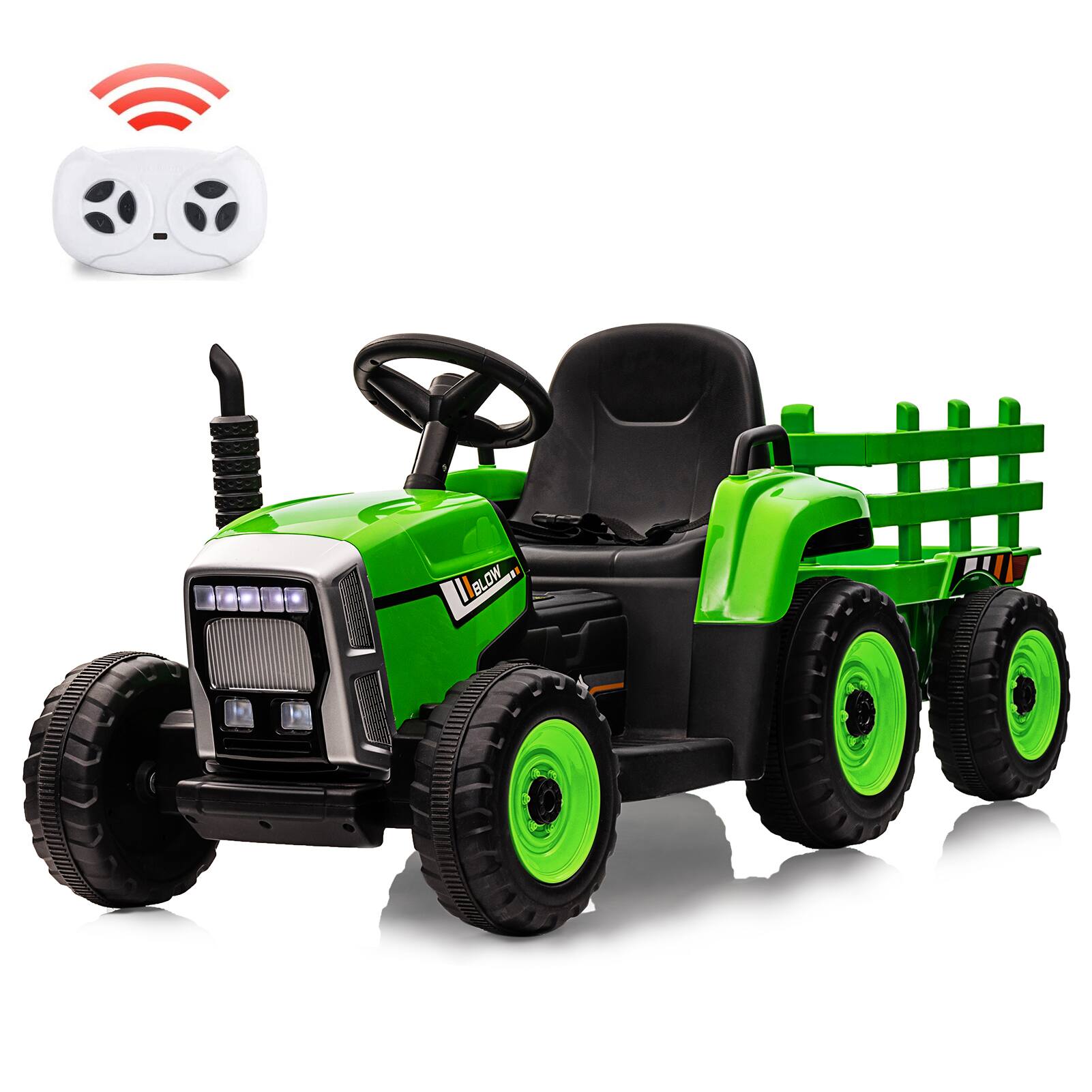 Jojoka - 12V Ride-On Tractor with Trailer for Kids, Electric Farm Truck w/Remote, LED Lights, MP3, EVA Tires & 3-Speed Shift - Green - 35W/EVA Tire
