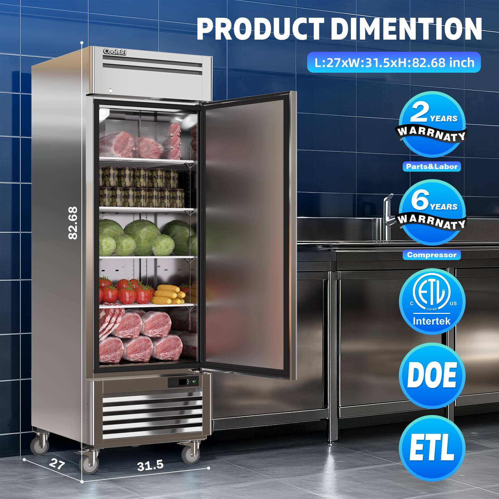 **PRODUCT DIMENTION**  
L:27xW:31.5xH:82.68 inch

- 2 YEARS WARRANTY  
  Parts & Labor

- 6 YEARS WARRANTY  
  Compressor

- Intertek

- DOE

- ETL