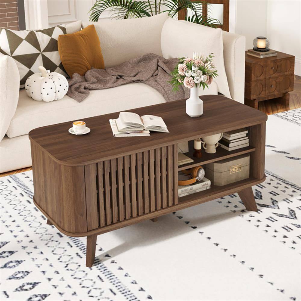 Alt View 4. Kadyn - Center Coffee Table, Living Room Table,Rectangular Coffee Table with Storage and Adjustable Shelves-Walnut - Brown.