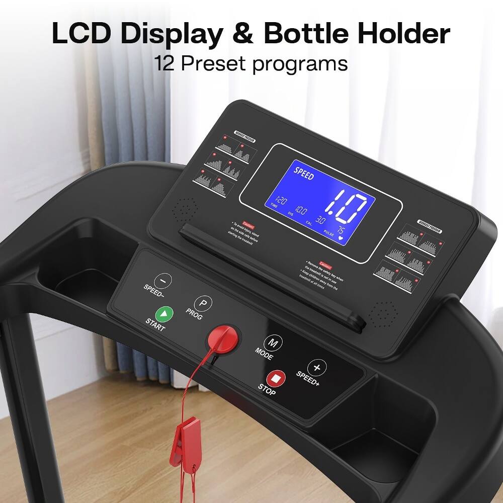 LCD Display & Bottle Holder  
12 Preset programs  

SPEED  
1.0  

TIME  
10.0  

CAL  
3.0  

PULSE  
75  

SPEED-  
PROG  
START  

M  
SPEED+  
STOP