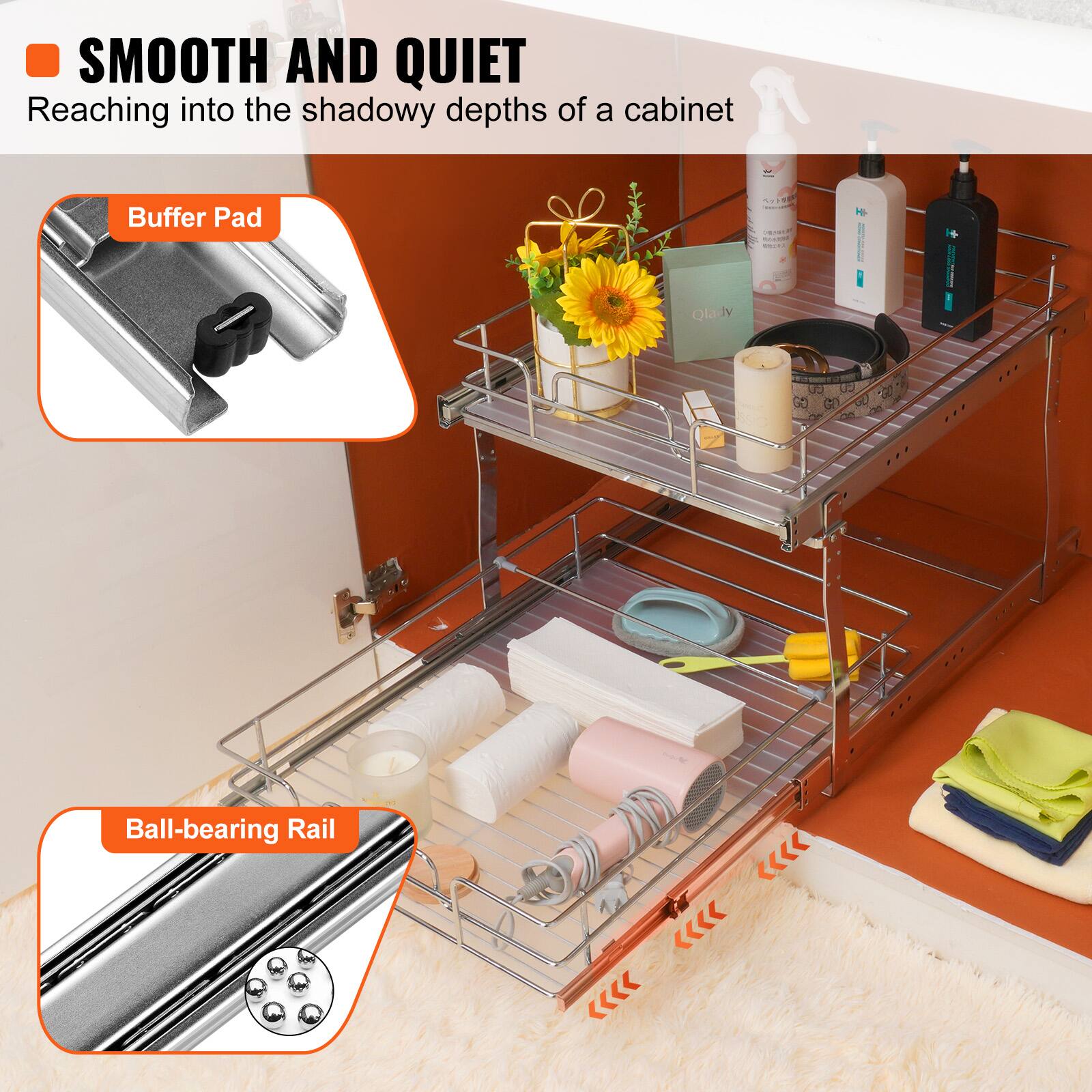 The text in the image can be grouped and corrected as follows:

- **Smooth and Quiet**: Reaching into the shadowy depths of a cabinet
- **Buffer Pad**: Reducing noise
- **Ball-bearing Rail**: For smooth movement

This text highlights the features of a metal shelf unit, emphasizing its quiet operation and smooth movement facilitated by the ball-bearing rail and buffer pad.