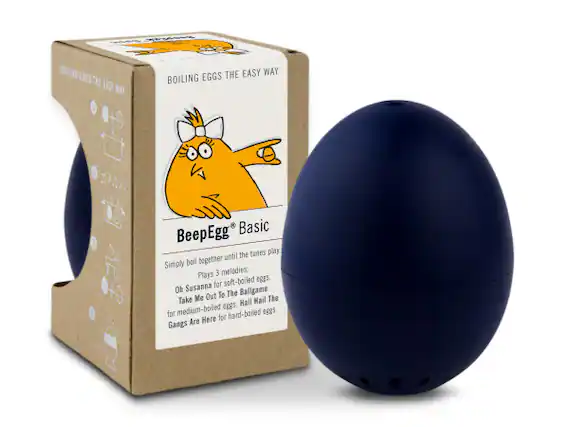 BOILING EGGS THE EASY WAY
BeepEgg® Basic
Simply boil together until the tunes play
Plays 3 melodies:
Susanna for soft-boiled eggs,
Take Me Out To The Ballgame for medium-boiled eggs,
Hail Hail for hard-boiled eggs.