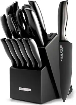 Zulay Kitchen - 15 Piece Stainless Steel Knife Set with Block and Sharpener - Black Black
