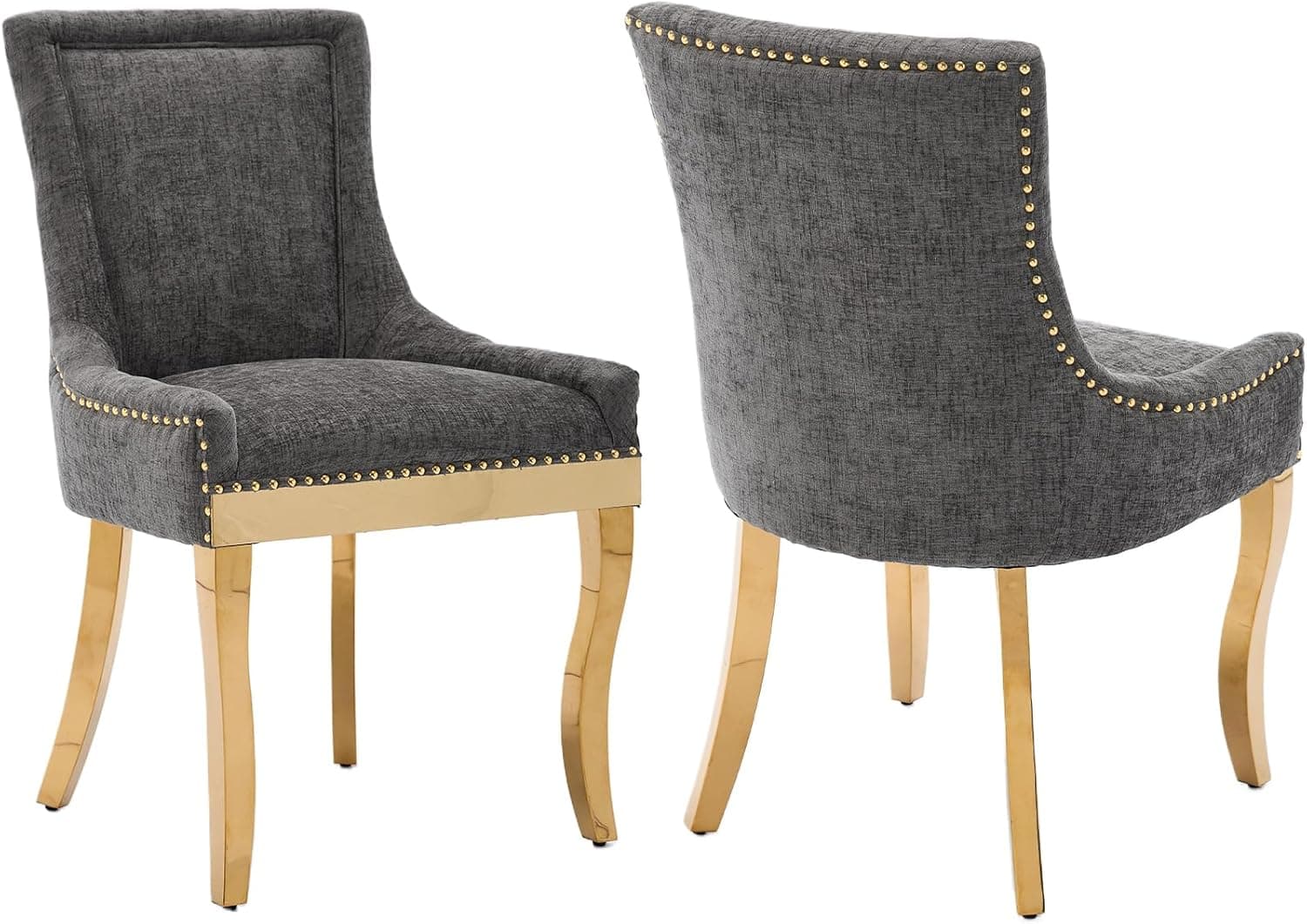 Trinkets Crazed - Chenille Fabric Upholstered Side Chairs Set of 2, Solid Wood Kitchen Dining Room Chairs with Nailheads Solid Wood Legs - gray+gold