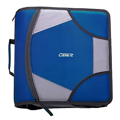 Front. Case It - King Sized Zip Tab 4" 3-Ring Zipper Binders, D-Ring - Blue.
