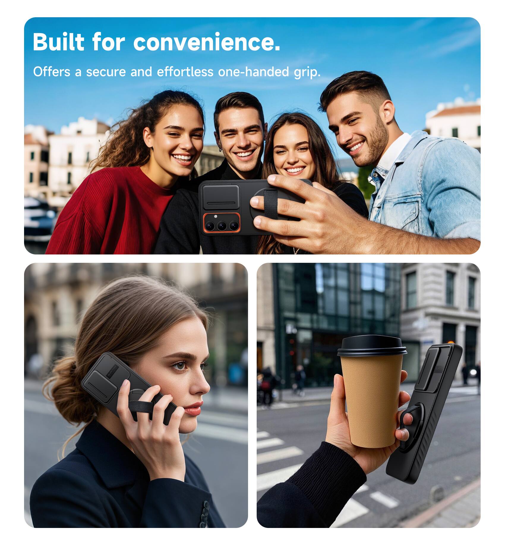 Built for convenience.  
Offers a secure and effortless one-handed grip.