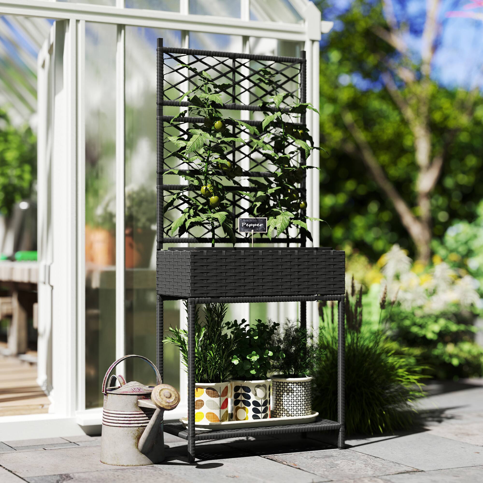 Alt View 1. Outsunny - Wicker Planter with Trellis for Climbing Plants - Black.