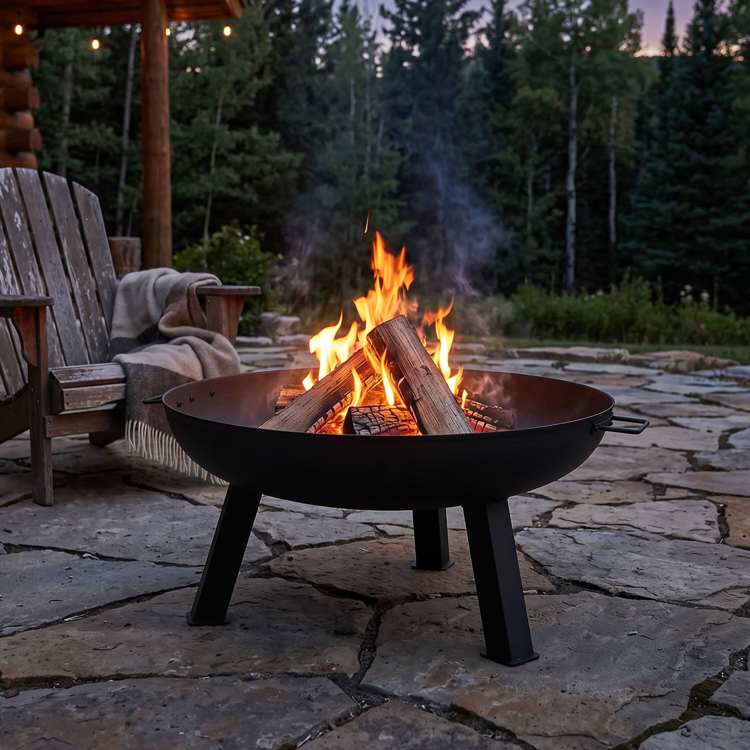 Alt View 2. Sunnydaze - 30 in Rustic Cast Iron Outdoor Raised Fire Pit Bowl - Black.
