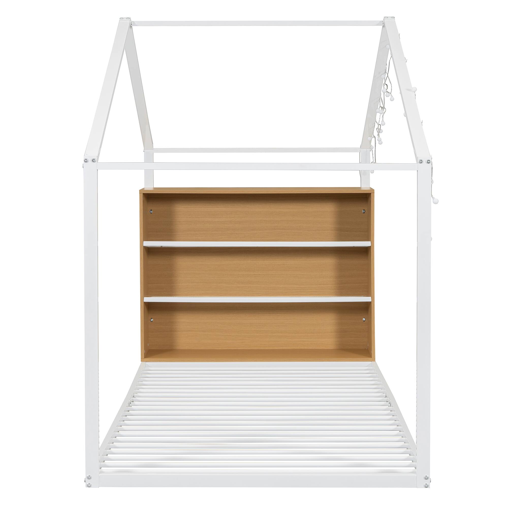 Alt View 6. GOODSILO - Twin Size Metal Bed House Bed Frame with Shelves and Lights - White.