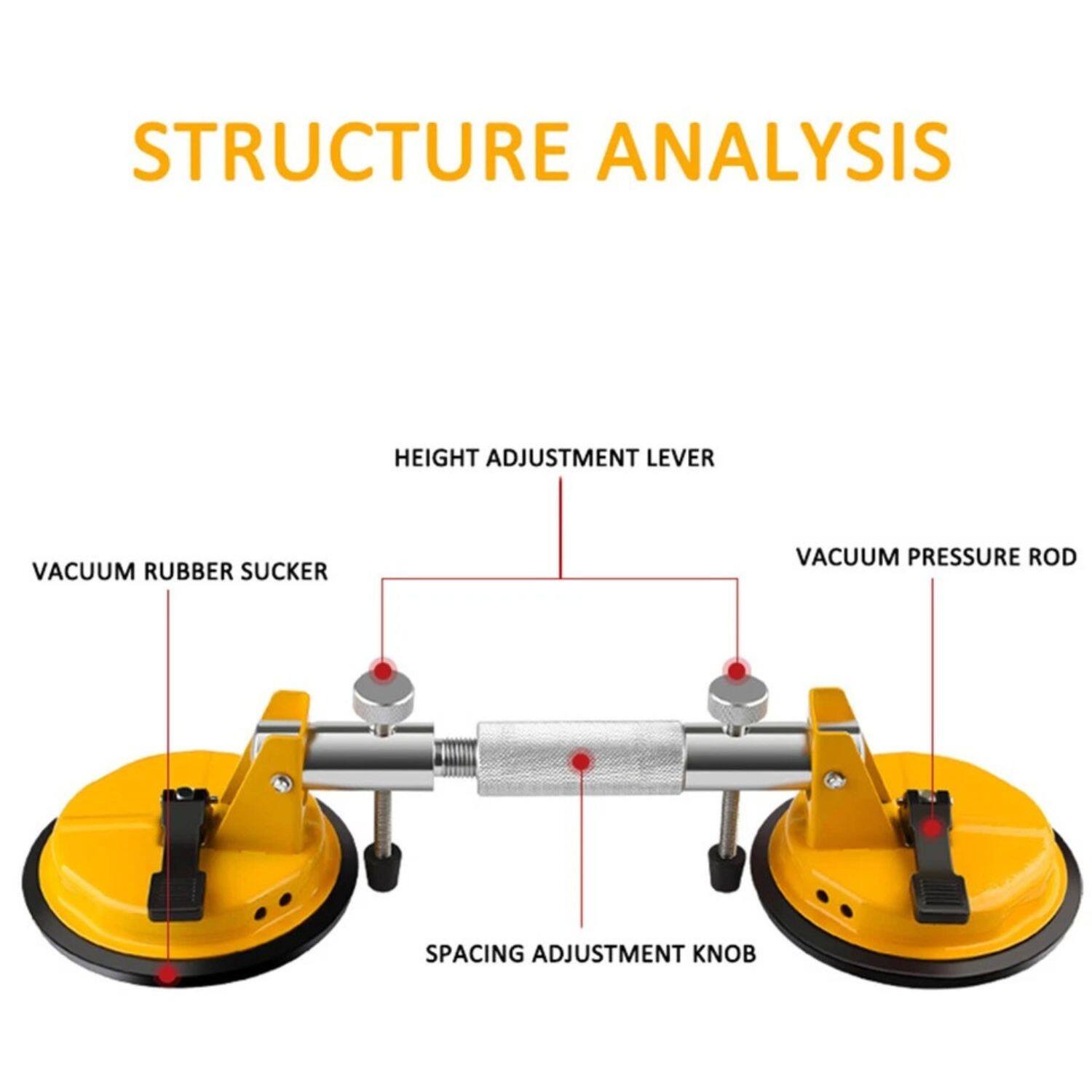 STRUCTURE ANALYSIS

- HEIGHT ADJUSTMENT LEVER
- VACUUM RUBBER SUCKER
- VACUUM PRESSURE ROD
- SPACING ADJUSTMENT KNOB
