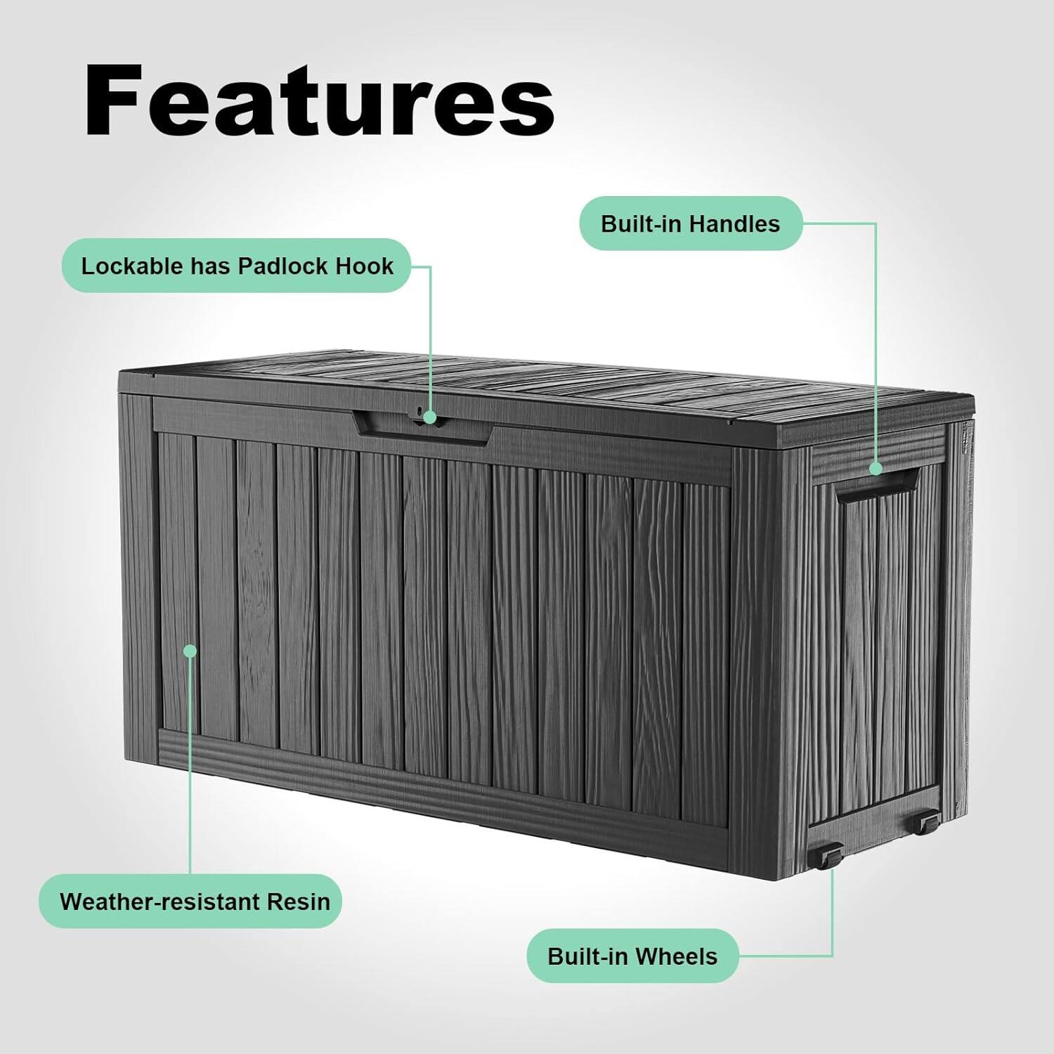 Features

- Built-in Handles
- Lockable has Padlock Hook
- Weather-resistant Resin
- Built-in Wheels