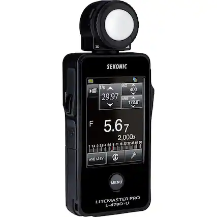 SEKONIC
ISO f/s CINE 400
29.97
ANG 172.8
F 5.67
2,000x
16 22 32 45 64 90
28 4 5.6 8 11 1 1.4 2
AVE /4EV
MENU
LITEMASTER PRO L-478D-U